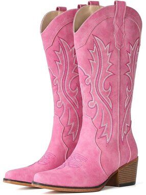Women's Pink Mid Calf Snip Toe Western Cowgirl Faux Leather Heeled Boots